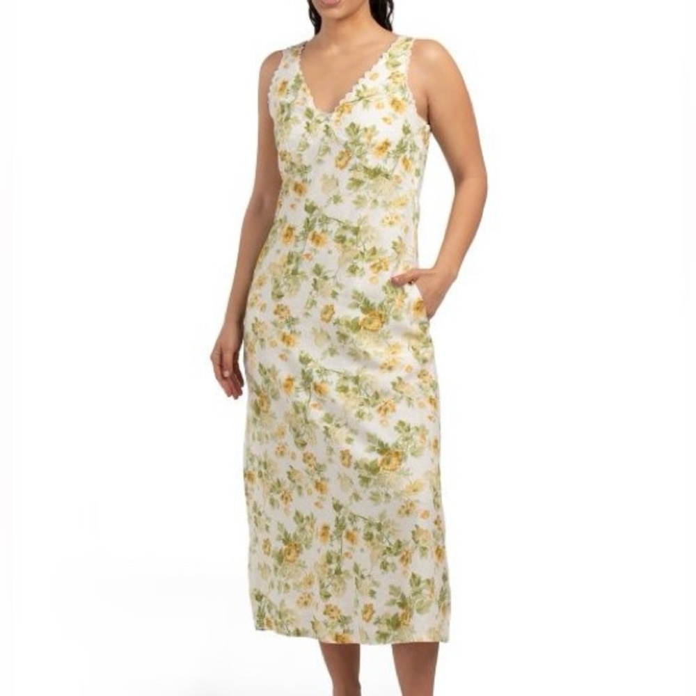 VTG LAURA ASHLEY Linen Floral Yellow Roses Midi Dress Cottage Garden Lace Trim 6 - Picture 7 of 16